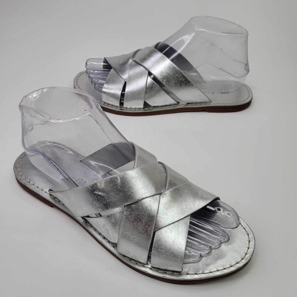 MADEWELL The Boardwalk Woven Leather Slide Sandal Silver Metallic Womens Size 7